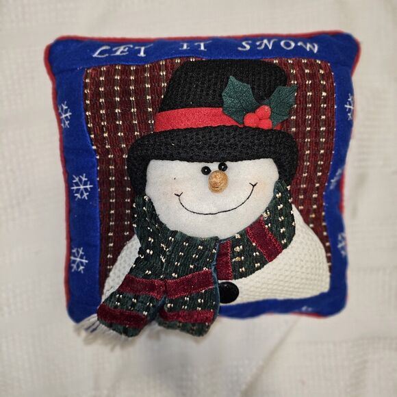 Vintage Quilted Snowman Throw Pillow Crochet Outfit Christmas Decor Let It Snow - Picture 13 of 13